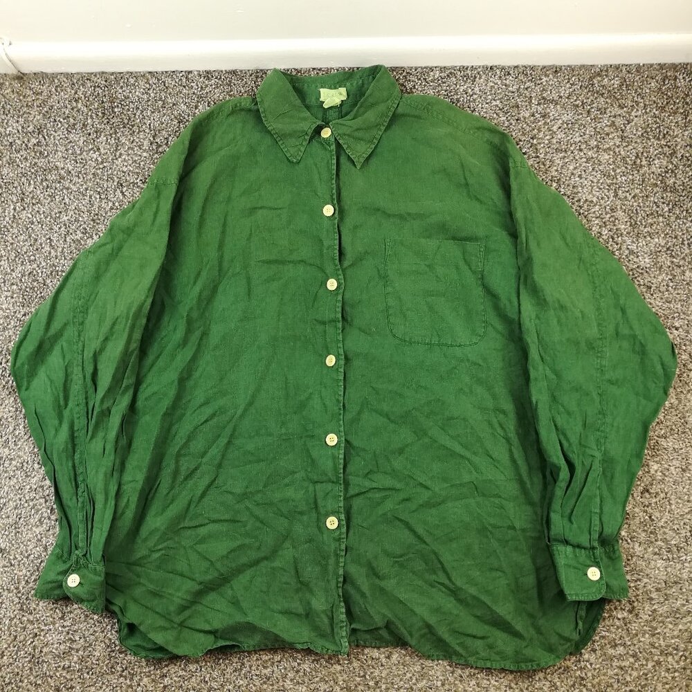 Vintage 90s J Crew Shirt 100% Linen L/S Button Up Oversized Green Womens Large